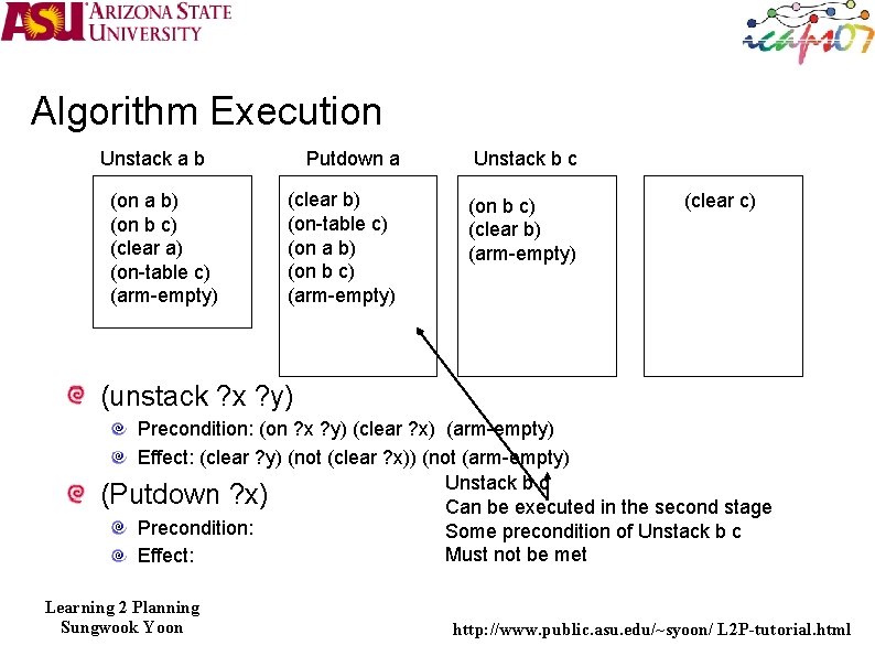 Algorithm Execution Putdown a Unstack b c (clear b) (on-table c) (on a b)