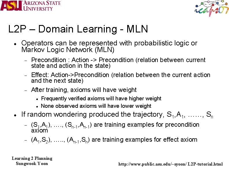L 2 P – Domain Learning - MLN Operators can be represented with probabilistic