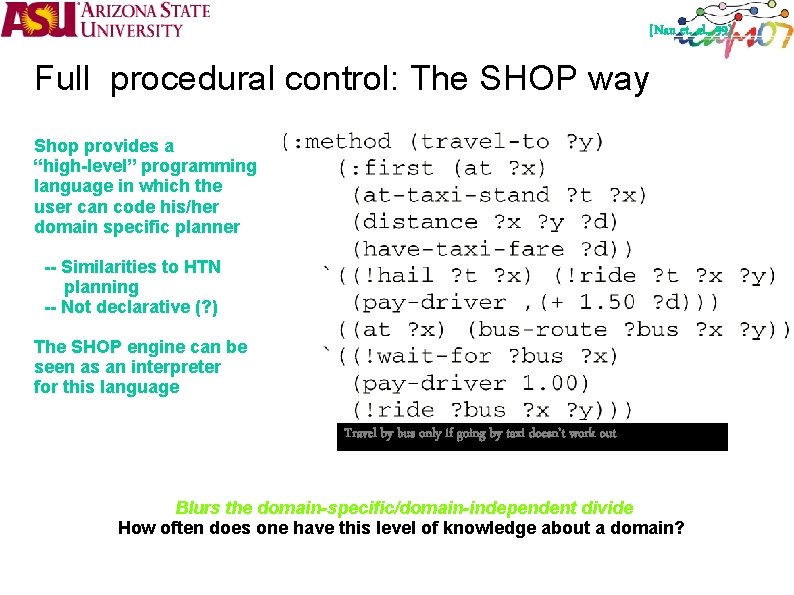 [Nau et. al. , 99] Full procedural control: The SHOP way Shop provides a