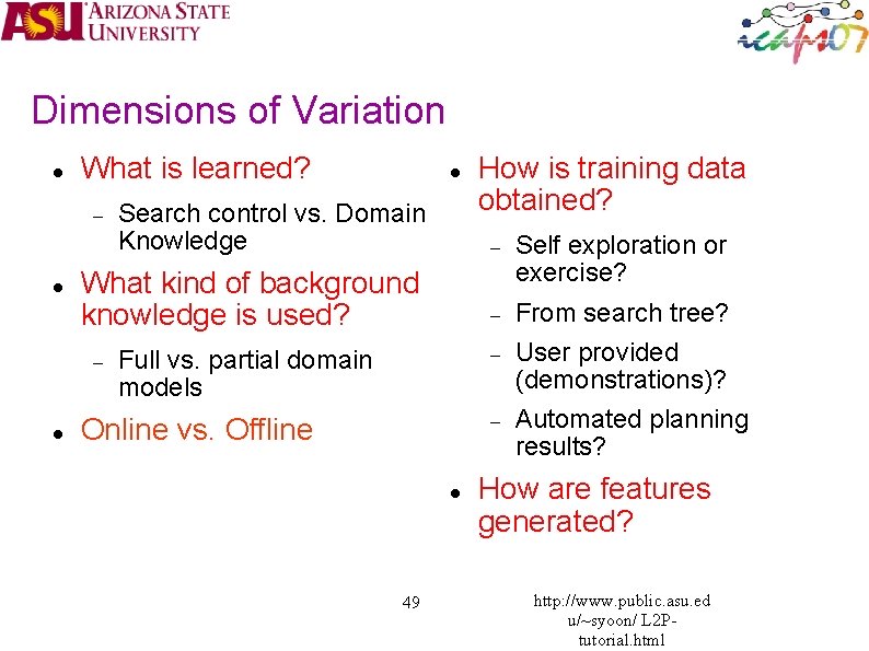 Dimensions of Variation What is learned? Search control vs. Domain Knowledge What kind of