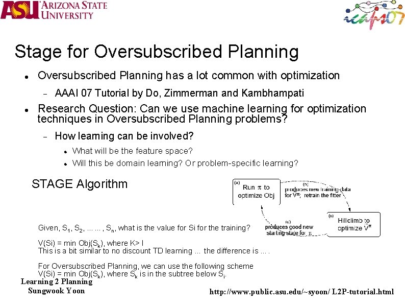 Stage for Oversubscribed Planning has a lot common with optimization AAAI 07 Tutorial by