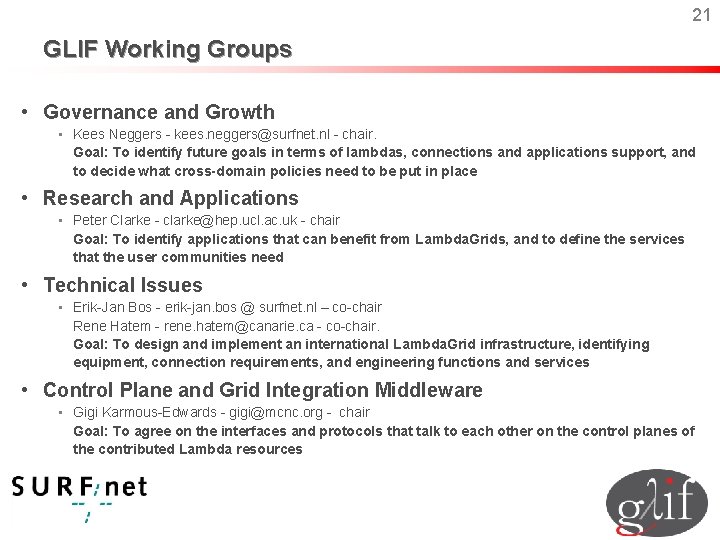 21 GLIF Working Groups • Governance and Growth • Kees Neggers - kees. neggers@surfnet.