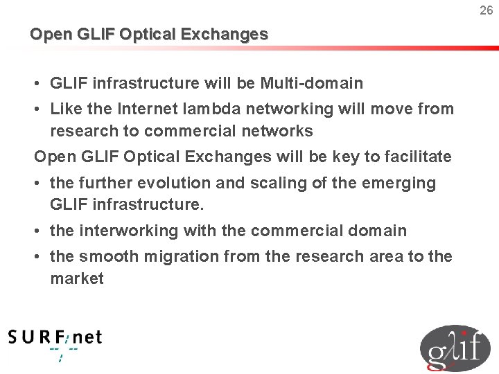 26 Open GLIF Optical Exchanges • GLIF infrastructure will be Multi-domain • Like the