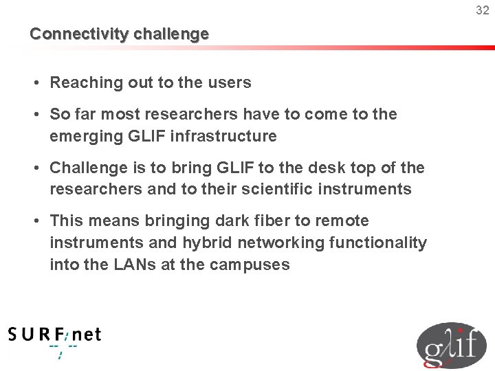 32 Connectivity challenge • Reaching out to the users • So far most researchers