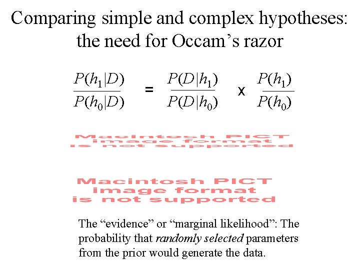 Comparing simple and complex hypotheses: the need for Occam’s razor P(h 1|D) P(h 0|D)