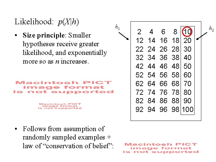 Likelihood: p(X|h) • Size principle: Smaller hypotheses receive greater likelihood, and exponentially more so