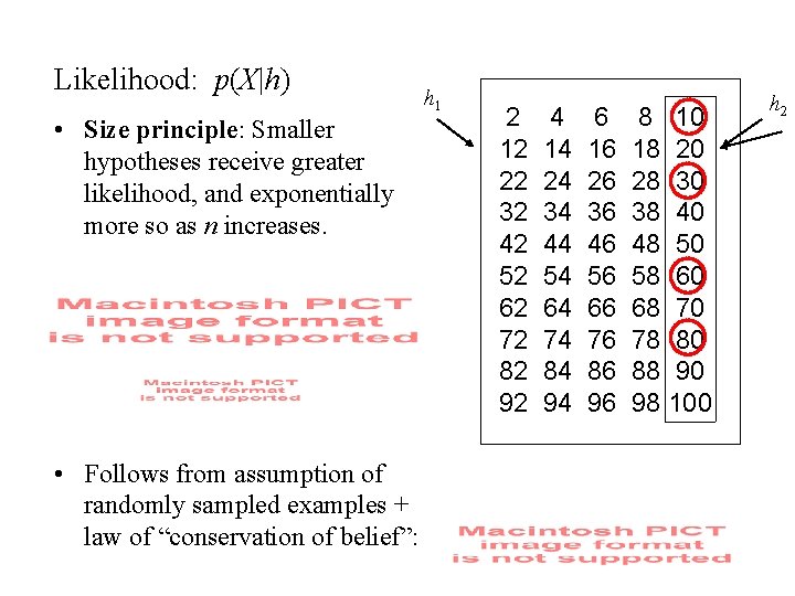 Likelihood: p(X|h) • Size principle: Smaller hypotheses receive greater likelihood, and exponentially more so