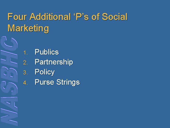 Four Additional ‘P’s of Social Marketing 1. 2. 3. 4. Publics Partnership Policy Purse