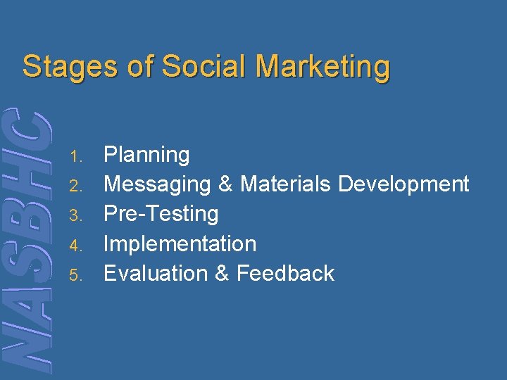 Stages of Social Marketing 1. 2. 3. 4. 5. Planning Messaging & Materials Development