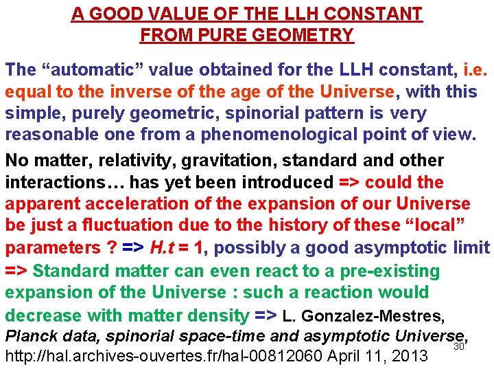A GOOD VALUE OF THE LLH CONSTANT FROM PURE GEOMETRY The “automatic” value obtained