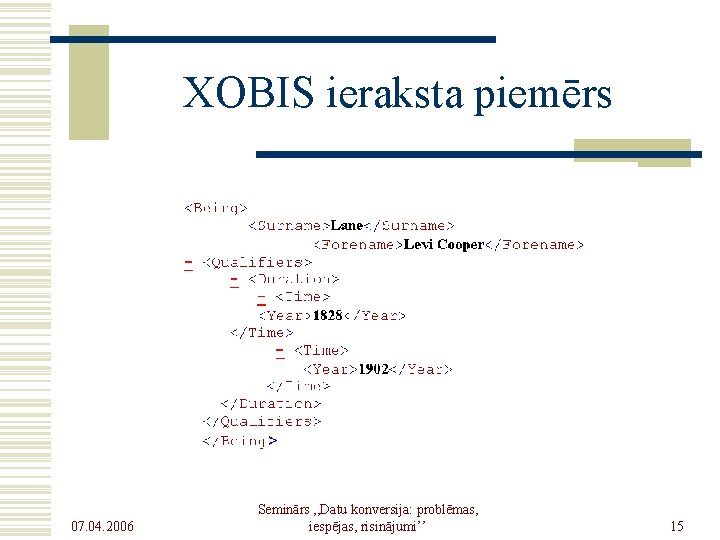XOBIS ieraksta piemērs 07. 04. 2006 Seminārs , , Datu konversija: problēmas, iespējas, risinājumi’’