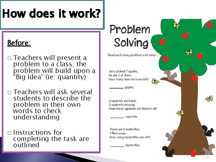 How does it work? Before: � � � Teachers will present a problem to
