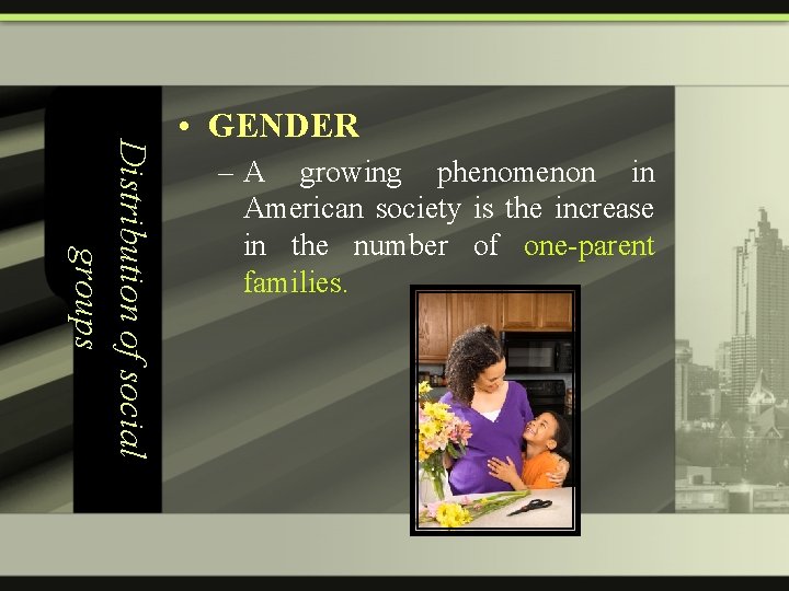 Distribution of social groups • GENDER – A growing phenomenon in American society is