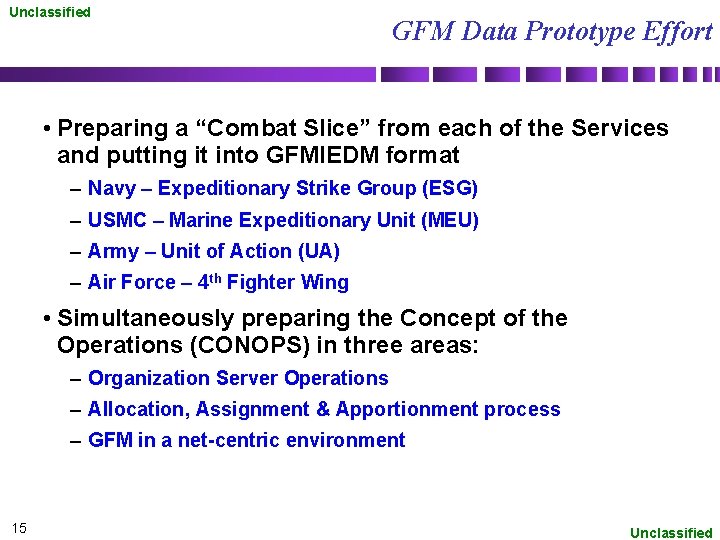Unclassified GFM Data Prototype Effort • Preparing a “Combat Slice” from each of the