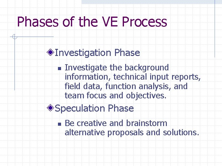 Phases of the VE Process Investigation Phase n Investigate the background information, technical input