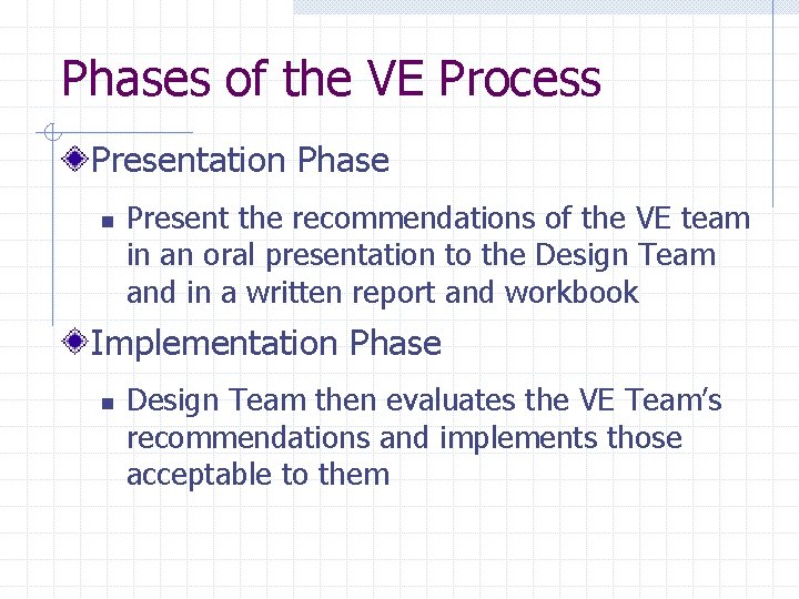 Phases of the VE Process Presentation Phase n Present the recommendations of the VE