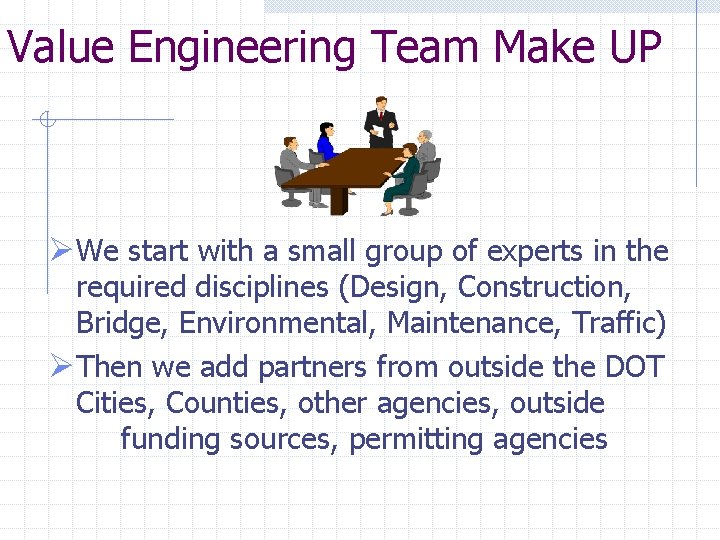Value Engineering Team Make UP ØWe start with a small group of experts in