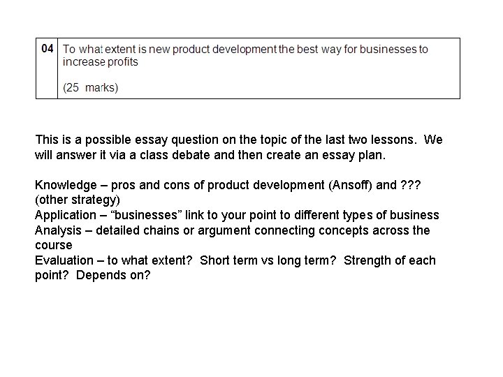 This is a possible essay question on the topic of the last two lessons. This is a possible essay question on the topic of the last two lessons.
