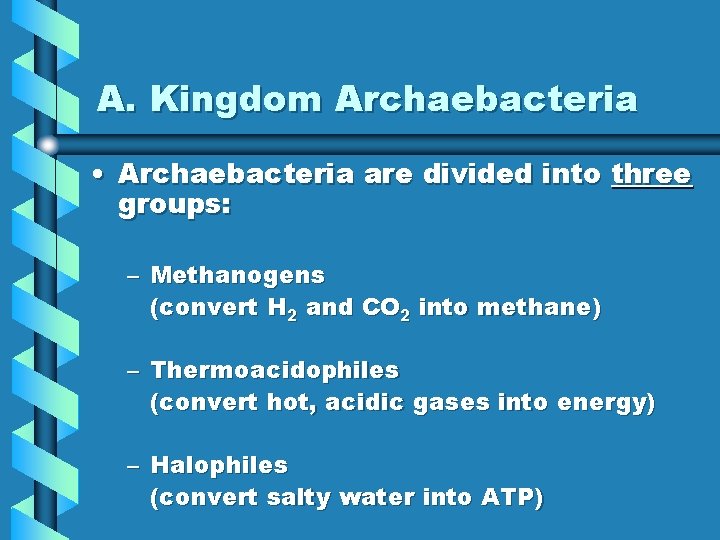 A. Kingdom Archaebacteria • Archaebacteria are divided into three groups: – Methanogens (convert H