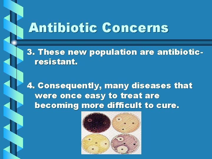 Antibiotic Concerns 3. These new population are antibioticresistant. 4. Consequently, many diseases that were