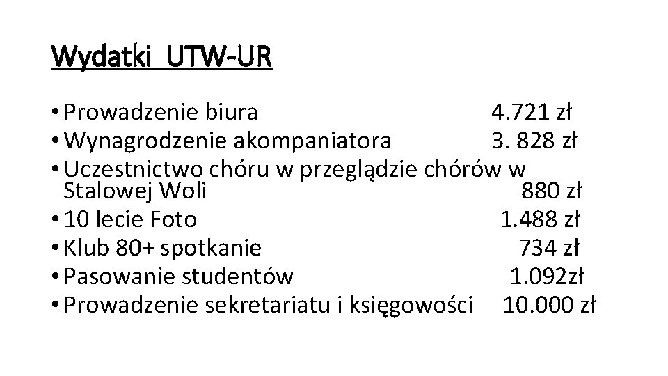 Wydatki UTW-UR • Prowadzenie biura 4. 721 zł • Wynagrodzenie akompaniatora 3. 828 zł