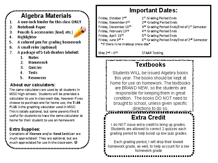 1. 2. 3. 4. 5. 6. 7. Algebra Materials A one-inch binder for this