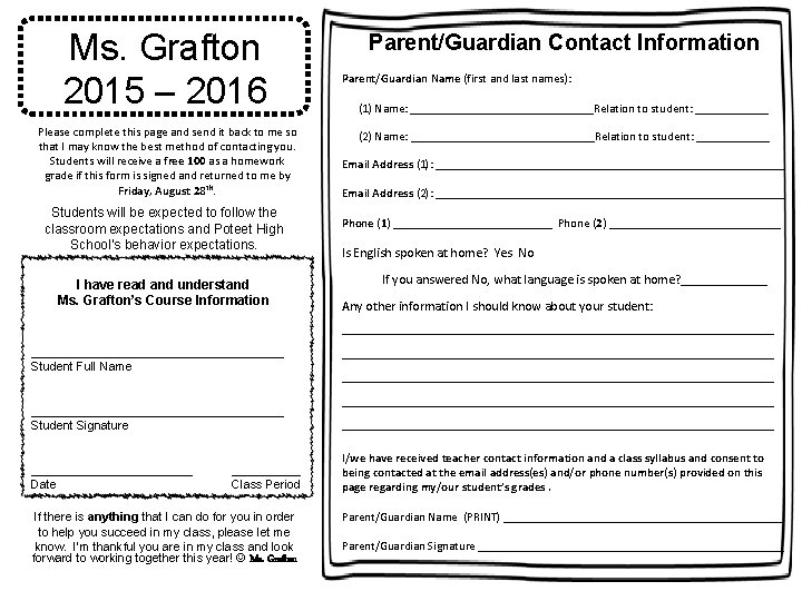 Ms. Grafton 2015 – 2016 Please complete this page and send it back to