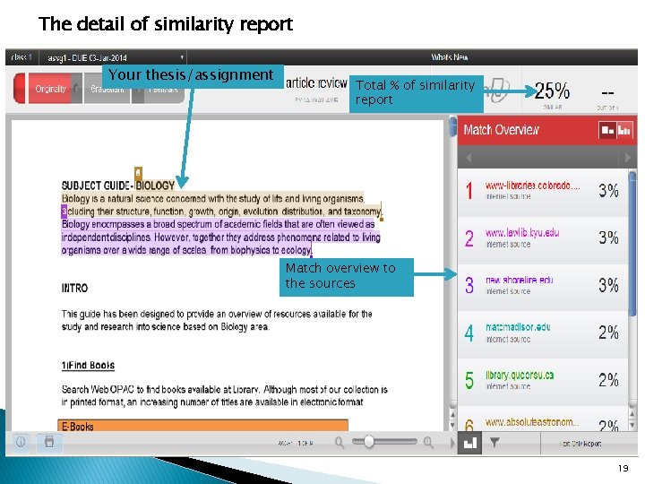 The detail of similarity report Your thesis/assignment Total % of similarity report Match overview