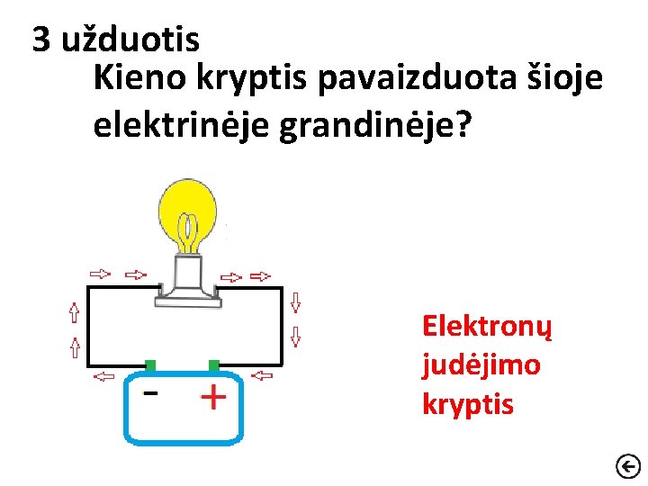 3 užduotis Kieno kryptis pavaizduota šioje elektrinėje grandinėje? Elektronų judėjimo kryptis 