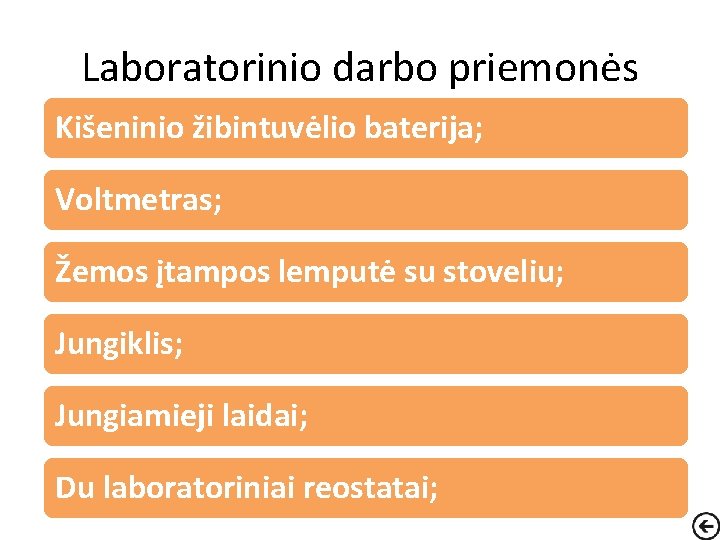 Laboratorinio darbo priemonės Kišeninio žibintuvėlio baterija; Voltmetras; Žemos įtampos lemputė su stoveliu; Jungiklis; Jungiamieji