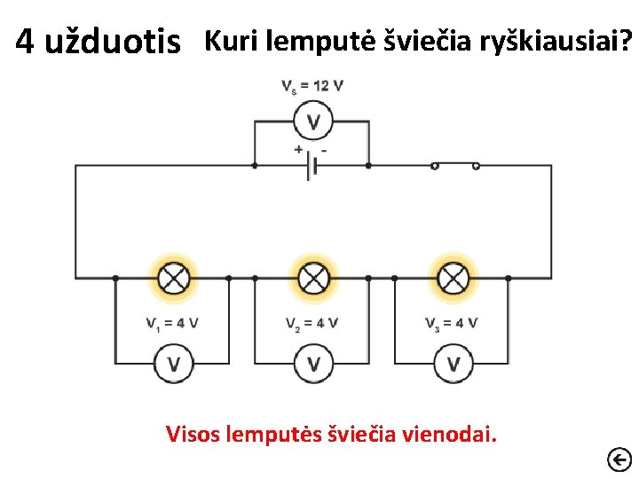 4 užduotis Kuri lemputė šviečia ryškiausiai? Visos lemputės šviečia vienodai. 