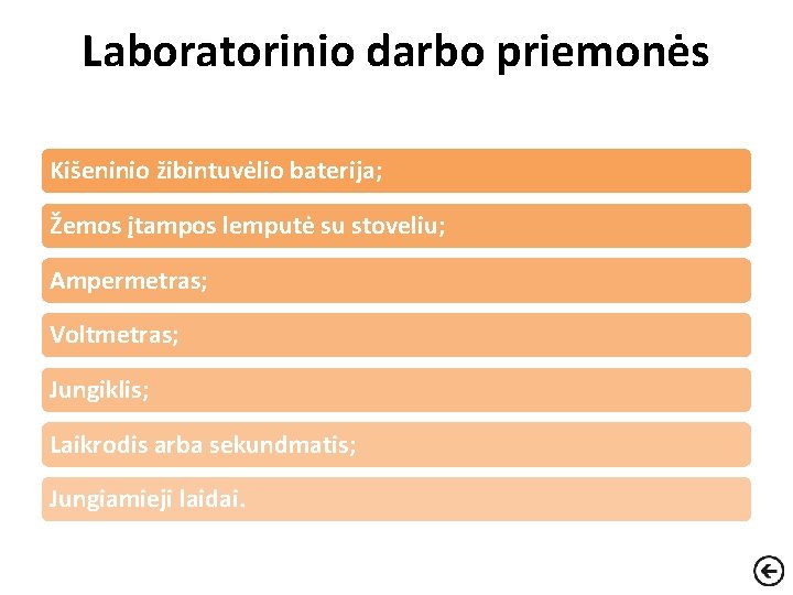 Laboratorinio darbo priemonės Kišeninio žibintuvėlio baterija; Žemos įtampos lemputė su stoveliu; Ampermetras; Voltmetras; Jungiklis;