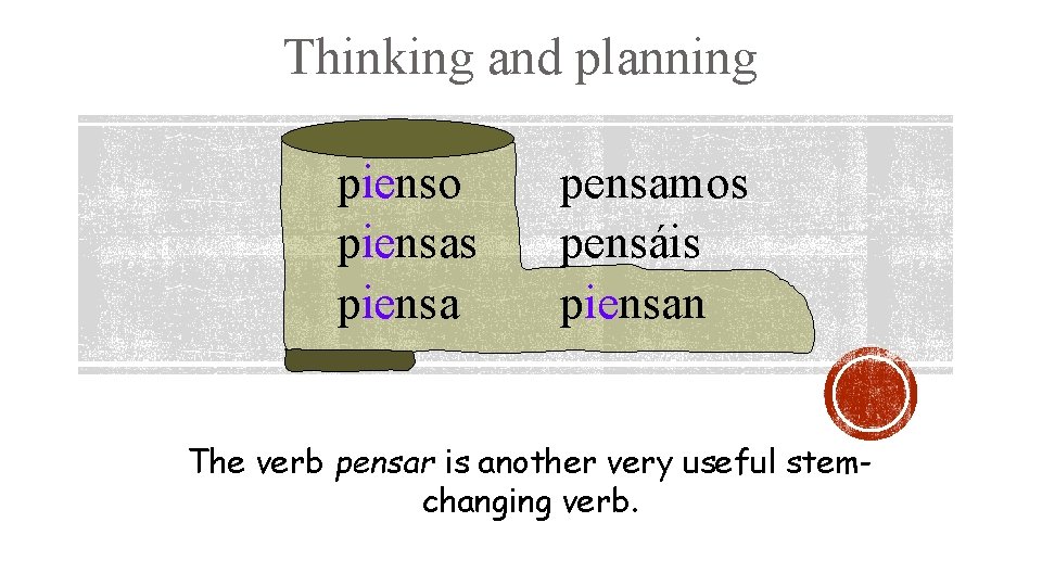Thinking and planning pienso piensas piensa pensamos pensáis piensan The verb pensar is another