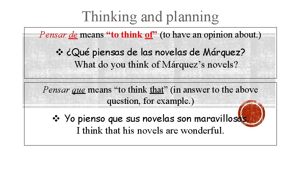Thinking and planning Pensar de means “to think of” (to have an opinion about.