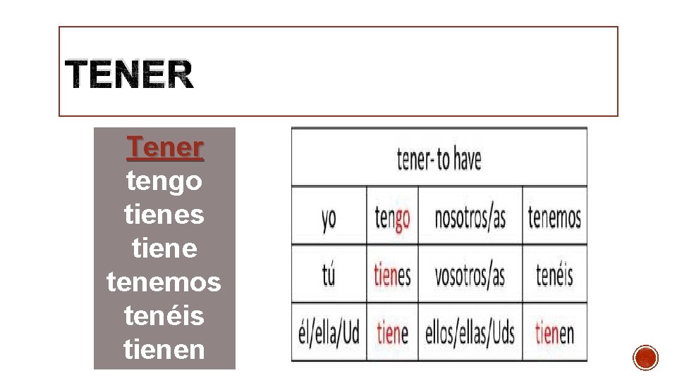 TENER Tener tengo tienes tiene tenemos tenéis tienen 