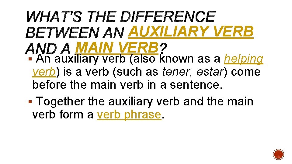 AUXILIARY VERB MAIN VERB § An auxiliary verb (also known as a helping verb)