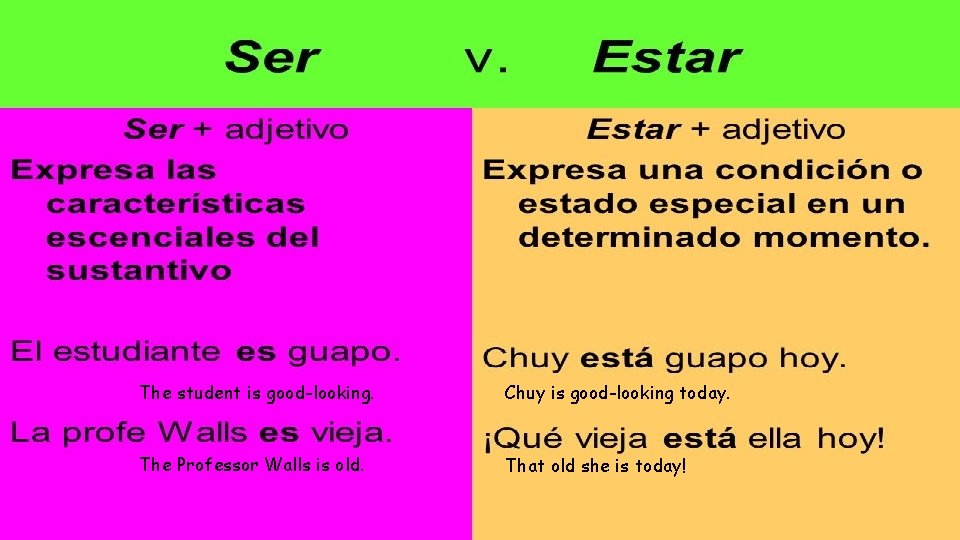 The student is good-looking. Chuy is good-looking today. The Professor Walls is old. That