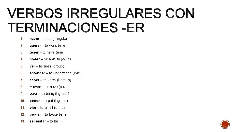 1. hacer – to do (irregular) 2. querer – to want (e-ie) 3. tener