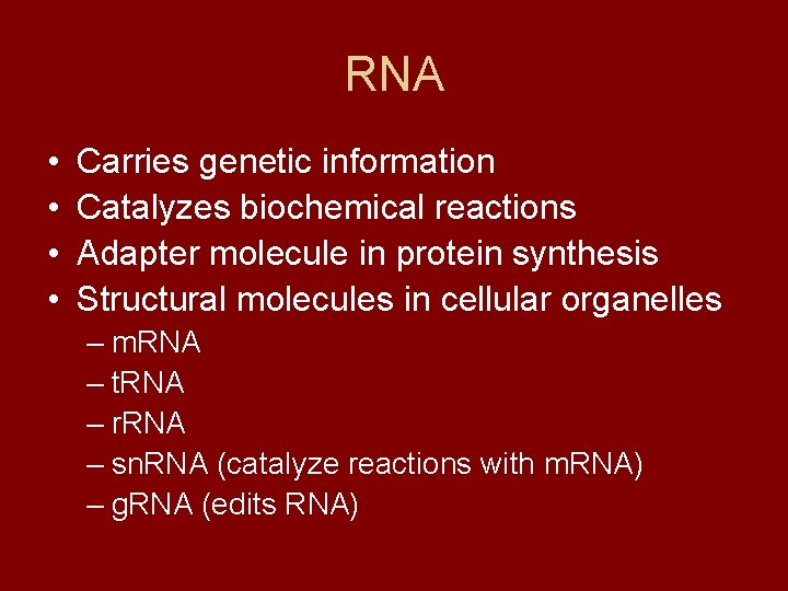 RNA • • Carries genetic information Catalyzes biochemical reactions Adapter molecule in protein synthesis