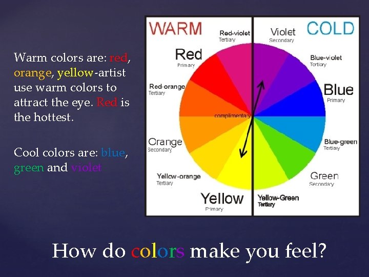 Warm colors are: red, orange, yellow-artist use warm colors to attract the eye. Red