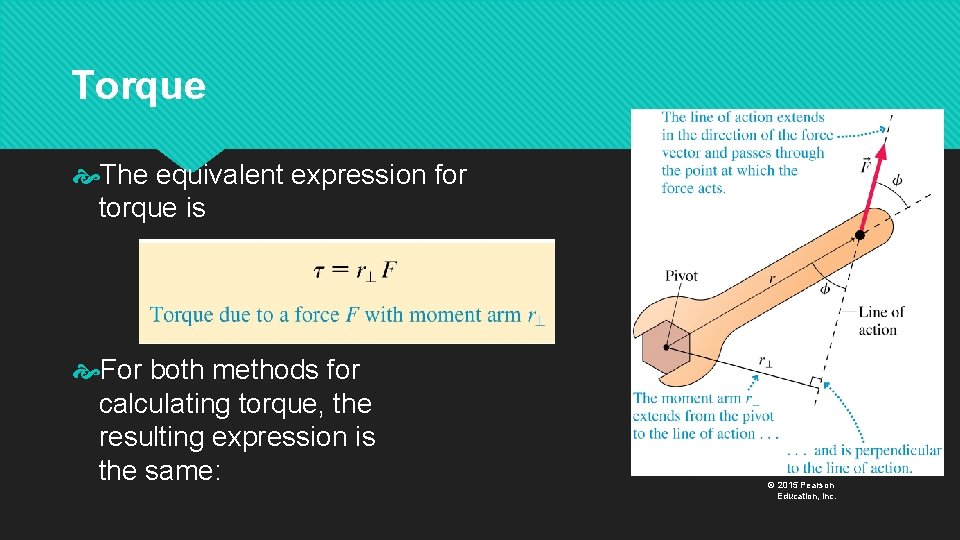 Torque The equivalent expression for torque is For both methods for calculating torque, the