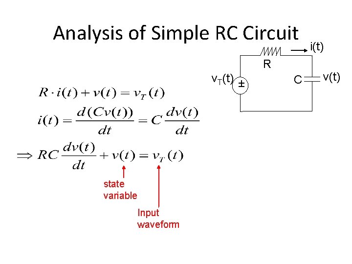 Analysis of Simple RC Circuit R v. T(t) ± state variable Input waveform C