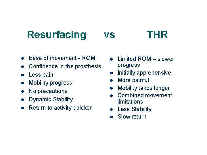 Resurfacing l l l l Ease of movement - ROM Confidence in the prosthesis