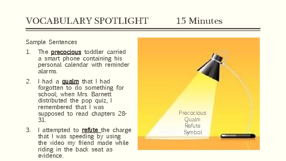 VOCABULARY SPOTLIGHT 15 Minutes Sample Sentences 1. The precocious toddler carried a smart phone