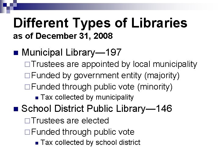 Different Types of Libraries as of December 31, 2008 n Municipal Library— 197 ¨