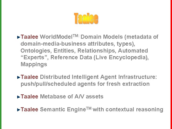 Taalee World. Model. TM: Domain Models (metadata of domain-media-business attributes, types), Ontologies, Entities, Relationships,