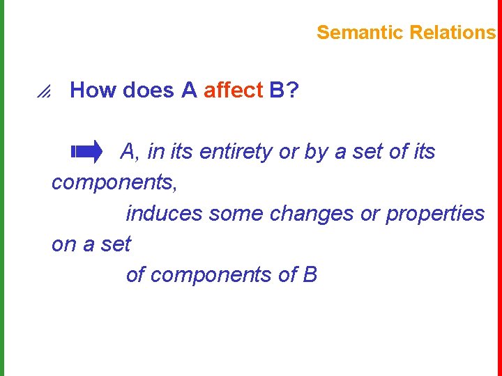 Semantic Relations p How does A affect B? A, in its entirety or by