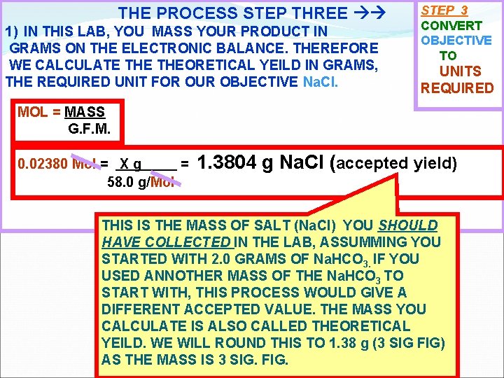 THE PROCESS STEP THREE 1) IN THIS LAB, YOU MASS YOUR PRODUCT IN GRAMS