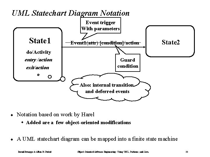 UML Statechart Diagram Notation Event trigger With parameters State 1 Event 1(attr) [condition]/action do/Activity