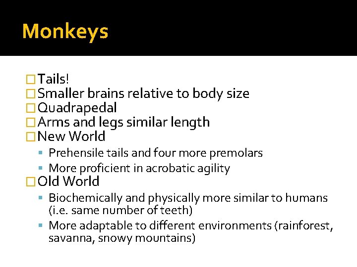 Monkeys �Tails! �Smaller brains relative to body size �Quadrapedal �Arms and legs similar length